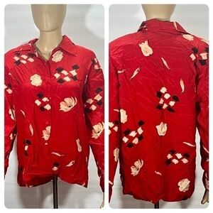FU DA RED SILK MULTICOLORED BLOUSE SIZE MEDIUM